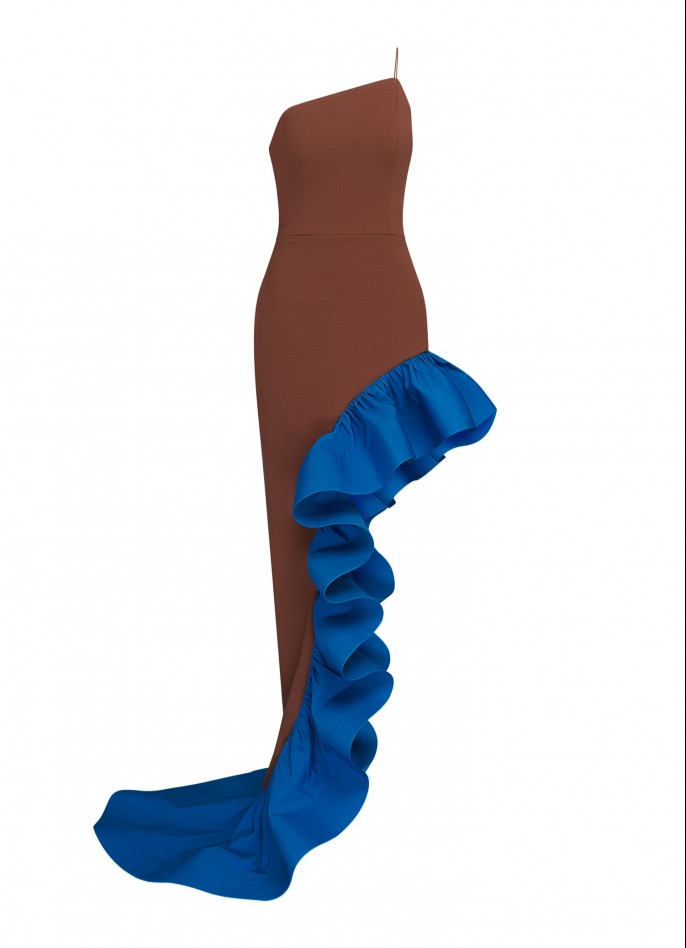 BROWN / BLUE GROSGRAIN CREPE-BLEND ONE-SHOULDER RUFFLE GOWN